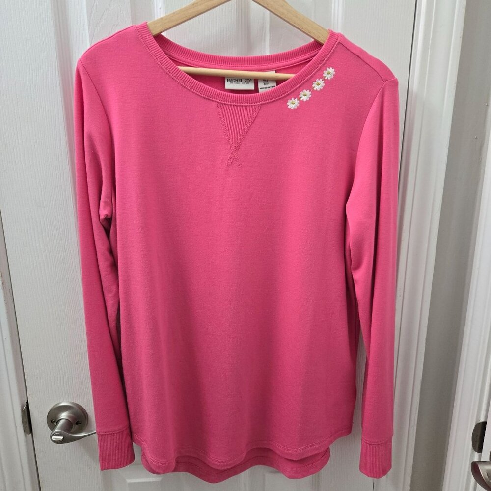 Rachel Zoe Tshirt Women Small Long sleeve Pink Flower Stretch Modal Casual Sweet